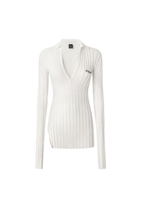 Maglia Pinko donna Rex Ford 105151 A2LS Bianca polo cotone costine aderente scollo a v colletto a punta asimmetrico PINKO | Polo | 105151 A2LSZ05